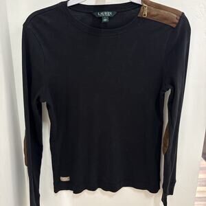 Lauren‎ Ralph Lauren Womens L Black Suede Elbow Patch Sweater Preppy Equestrian